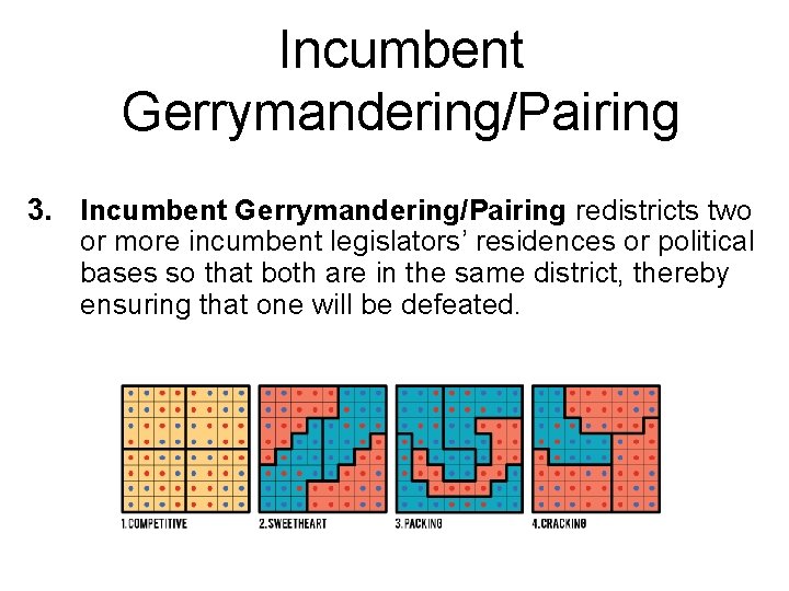 Incumbent Gerrymandering/Pairing 3. Incumbent Gerrymandering/Pairing redistricts two or more incumbent legislators’ residences or political