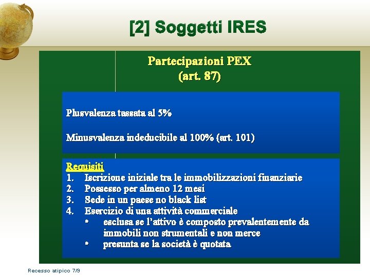 [2] Soggetti IRES Partecipazioni PEX (art. 87) Plusvalenza tassata al 5% Minusvalenza indeducibile al