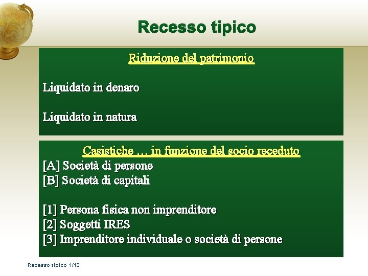 Recesso tipico Riduzione del patrimonio Liquidato in denaro Liquidato in natura Casistiche … in