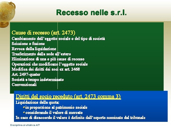 Recesso nelle s. r. l. Cause di recesso (art. 2473) Cambiamento dell’oggetto sociale o