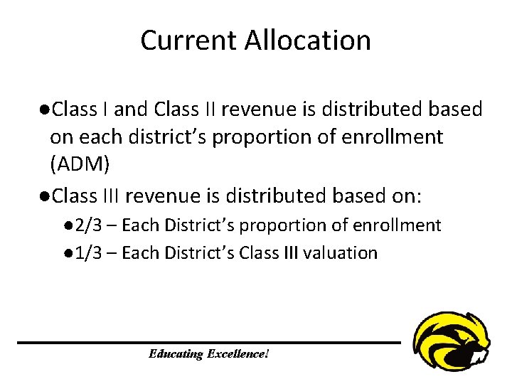 Current Allocation ●Class I and Class II revenue is distributed based on each district’s