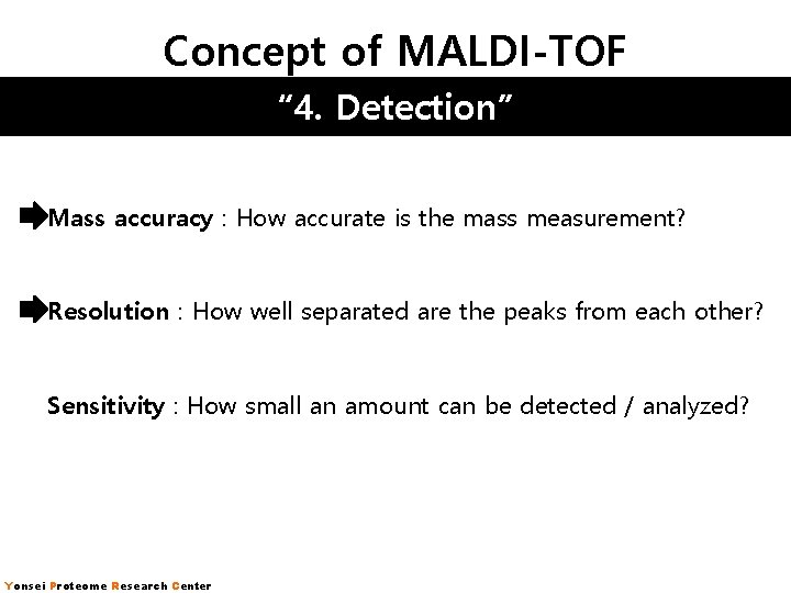Concept of MALDI-TOF “ 4. Detection” Mass accuracy : How accurate is the mass Concept of MALDI-TOF “ 4. Detection” Mass accuracy : How accurate is the mass