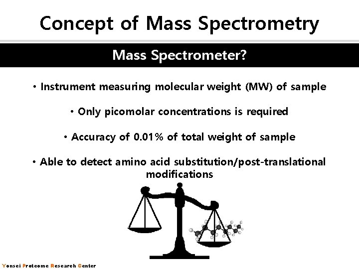 Concept of Mass Spectrometry Mass Spectrometer? • Instrument measuring molecular weight (MW) of sample Concept of Mass Spectrometry Mass Spectrometer? • Instrument measuring molecular weight (MW) of sample