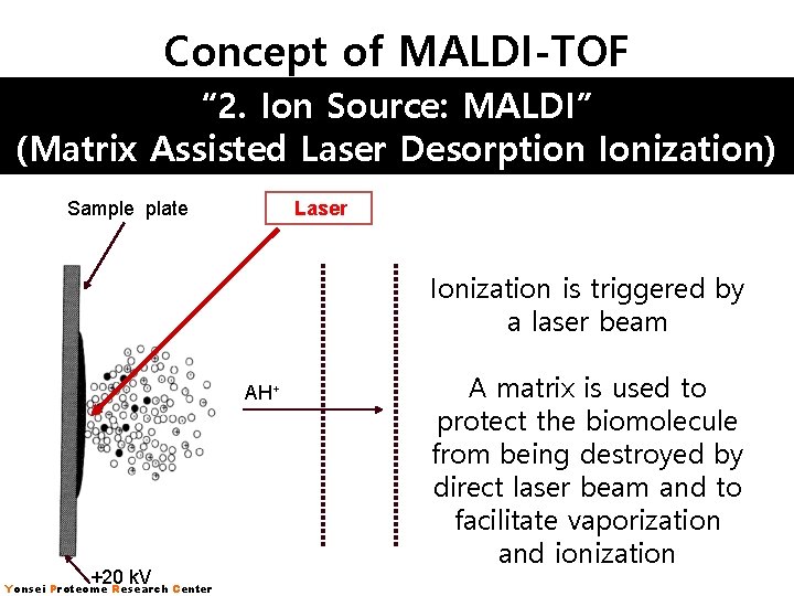 Concept of MALDI-TOF “ 2. Ion Source: MALDI” (Matrix Assisted Laser Desorption Ionization) Sample Concept of MALDI-TOF “ 2. Ion Source: MALDI” (Matrix Assisted Laser Desorption Ionization) Sample