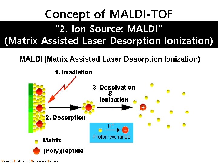 Concept of MALDI-TOF “ 2. Ion Source: MALDI” (Matrix Assisted Laser Desorption Ionization) Yonsei Concept of MALDI-TOF “ 2. Ion Source: MALDI” (Matrix Assisted Laser Desorption Ionization) Yonsei