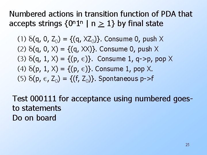 Numbered actions in transition function of PDA that accepts strings {0 n 1 n