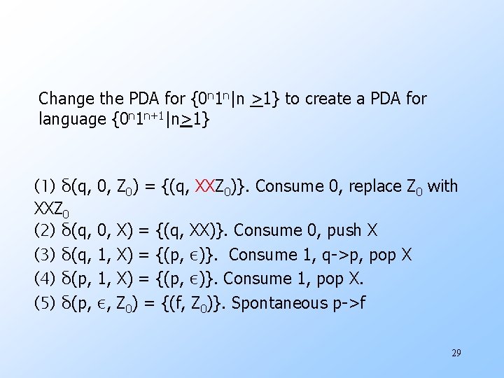 Change the PDA for {0 n 1 n|n >1} to create a PDA for