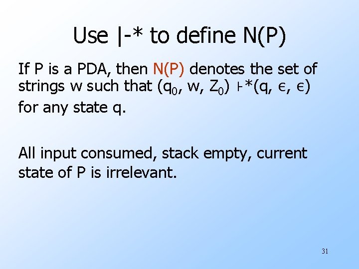 Use |-* to define N(P) If P is a PDA, then N(P) denotes the