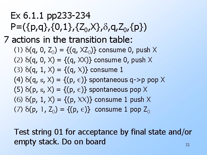 Ex 6. 1. 1 pp 233 -234 P=({p, q}, {0, 1}, {Z 0, X},
