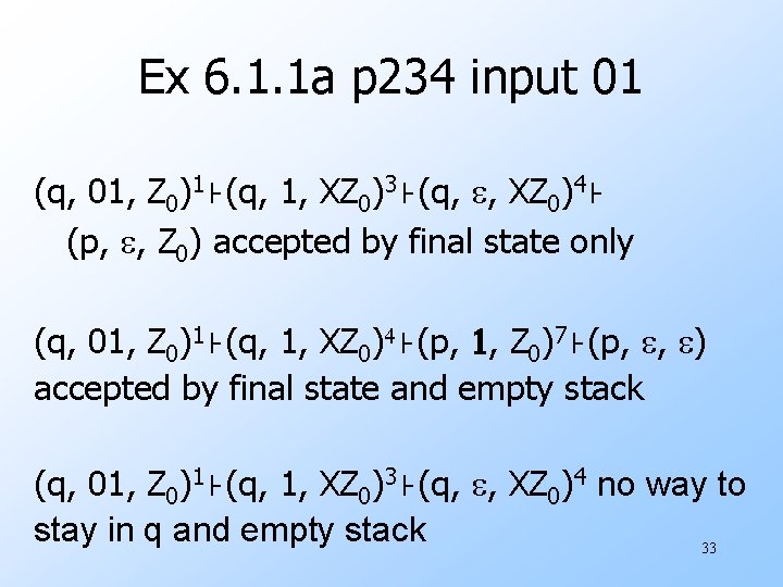Ex 6. 1. 1 a p 234 input 01 (q, 01, Z 0)1⊦(q, 1,