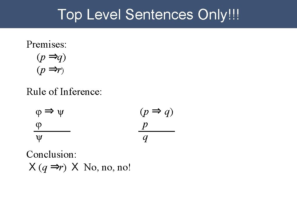 Top Level Sentences Only!!! Premises: (p ⇒q) (p ⇒r) Rule of Inference: φ⇒ψ φ