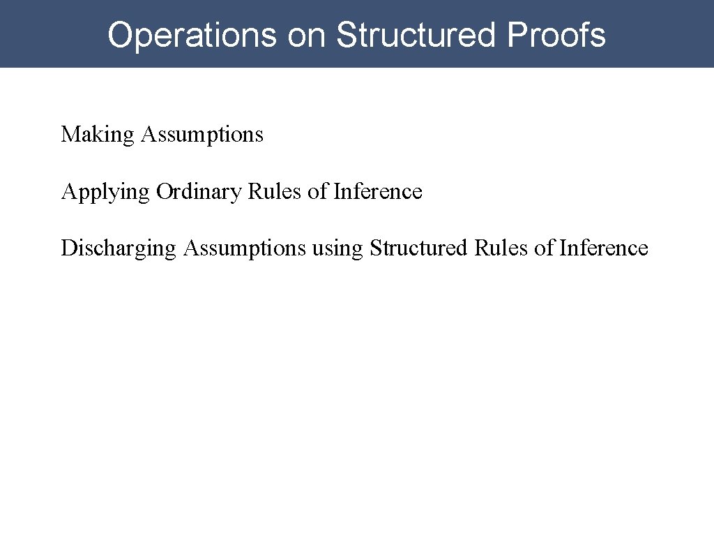 Operations on Structured Proofs Making Assumptions Applying Ordinary Rules of Inference Discharging Assumptions using
