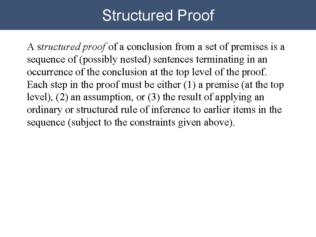 Structured Proof A structured proof of a conclusion from a set of premises is