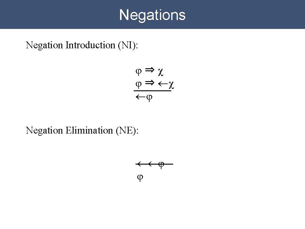 Negations Negation Introduction (NI): φ⇒χ φ ⇒ ¬χ ¬φ Negation Elimination (NE): ¬¬φ φ