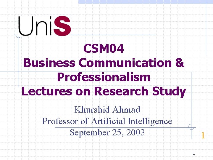 CSM 04 Business Communication & Professionalism Lectures on Research Study Khurshid Ahmad Professor of