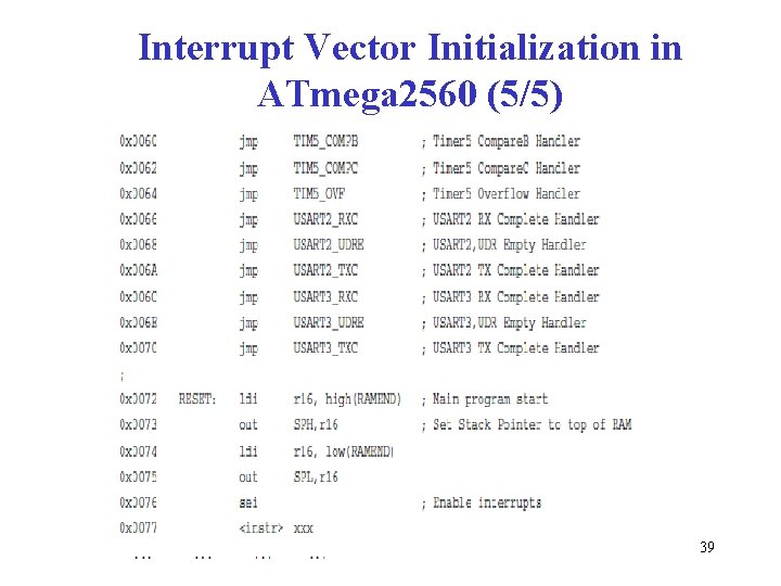 Interrupt Vector Initialization in ATmega 2560 (5/5) 39 