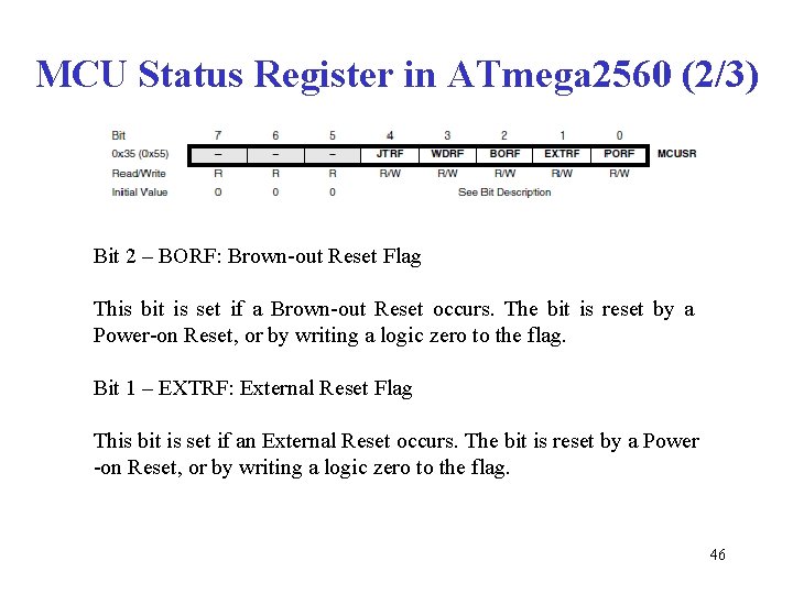 MCU Status Register in ATmega 2560 (2/3) Bit 2 – BORF: Brown-out Reset Flag