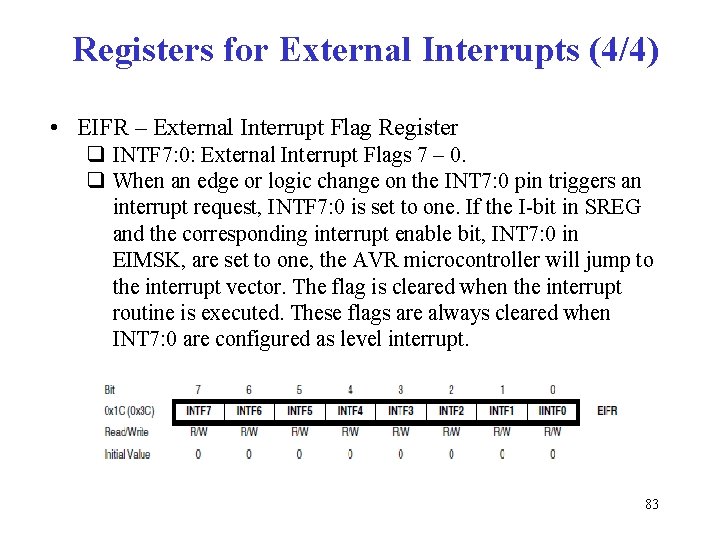 Registers for External Interrupts (4/4) • EIFR – External Interrupt Flag Register q INTF