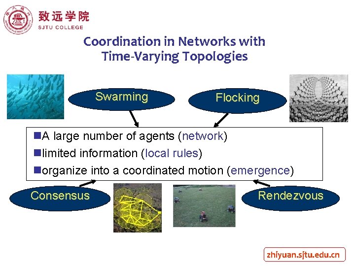 Coordination in Networks with Time-Varying Topologies Swarming Flocking n. A large number of agents