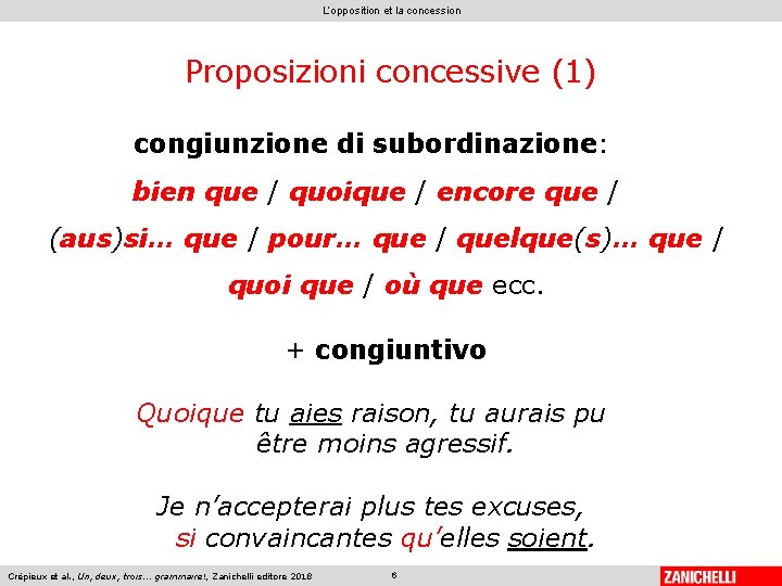 L’opposition et la concession Proposizioni concessive (1) congiunzione di subordinazione: bien que / quoique