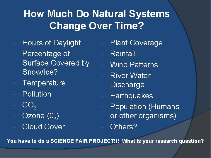 How Much Do Natural Systems Change Over Time? Hours of Daylight Percentage of Surface