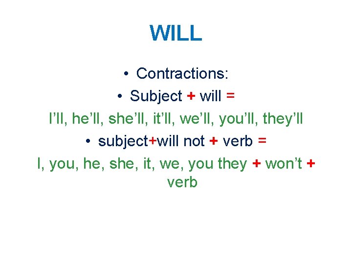 WILL • Contractions: • Subject + will = I’ll, he’ll, she’ll, it’ll, we’ll, you’ll,