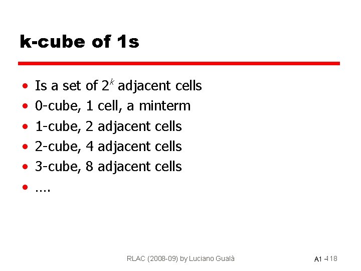 k-cube of 1 s • • • Is a set of 2 k adjacent