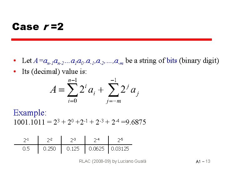 Case r =2 • Let A=an-1 an-2…a 1 a 0. a-1, a-2, …, a-m