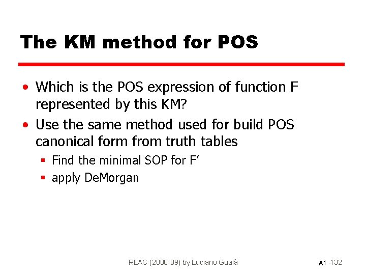 The KM method for POS • Which is the POS expression of function F