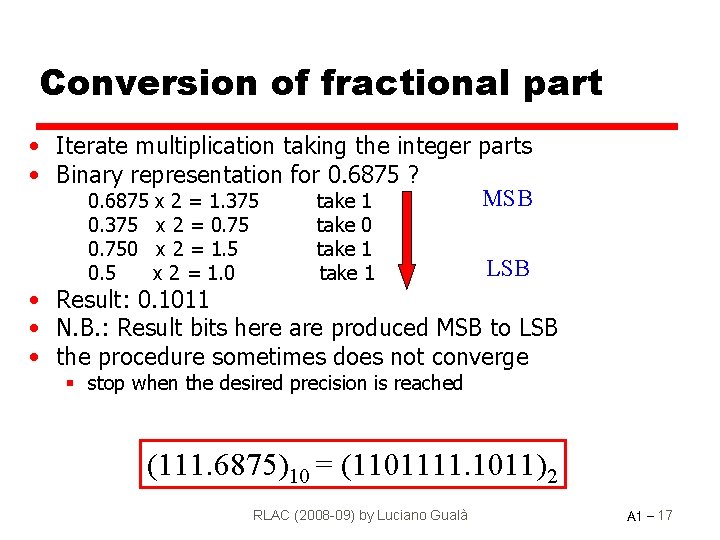 Conversion of fractional part • Iterate multiplication taking the integer parts • Binary representation