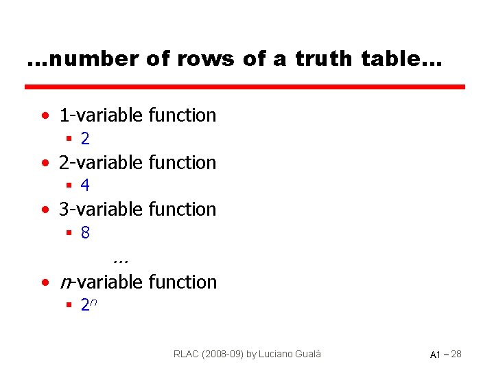 …number of rows of a truth table… • 1 -variable function § 2 •