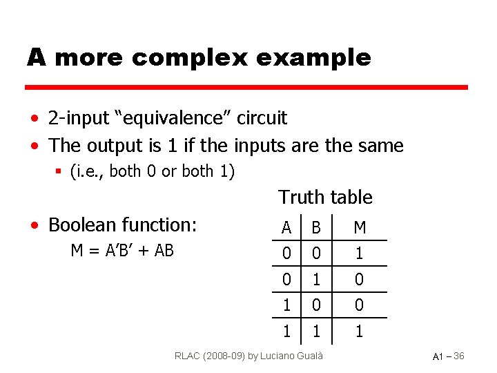 A more complex example • 2 -input “equivalence” circuit • The output is 1