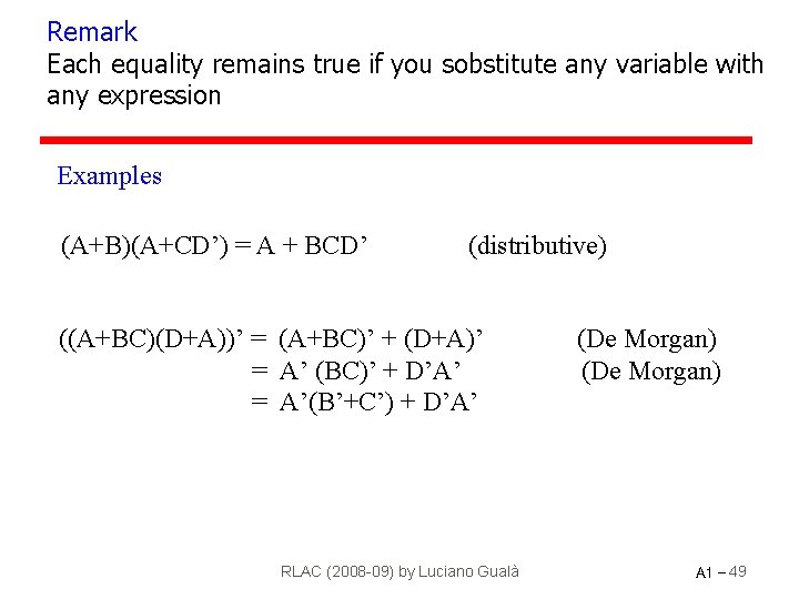 Remark Each equality remains true if you sobstitute any variable with any expression Examples
