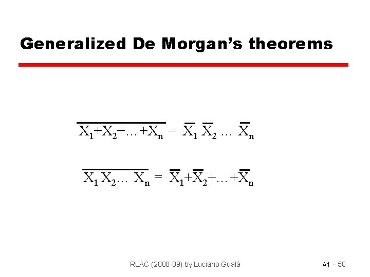 Generalized De Morgan’s theorems X 1+X 2+…+Xn = X 1 X 2 … Xn