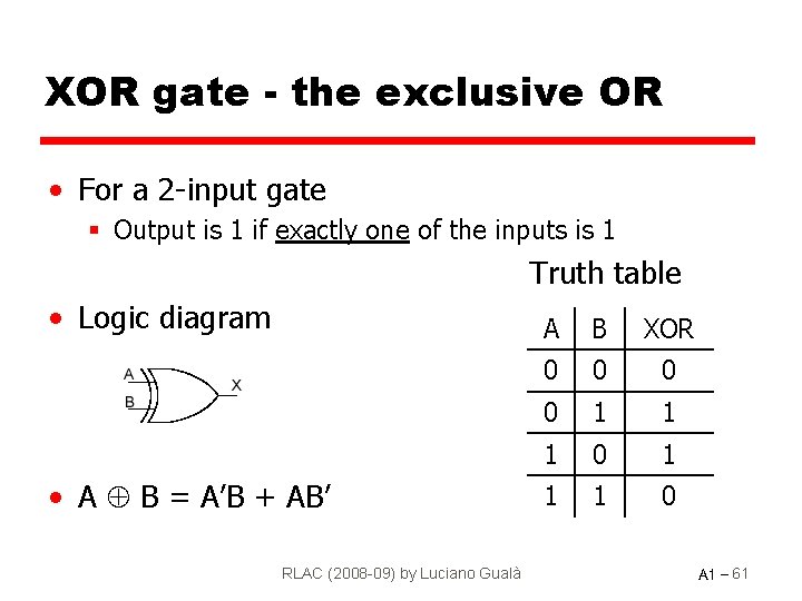 XOR gate - the exclusive OR • For a 2 -input gate § Output