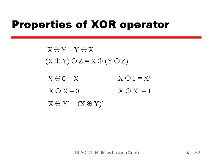 Properties of XOR operator X Y=Y X (X Y) Z = X (Y Z)