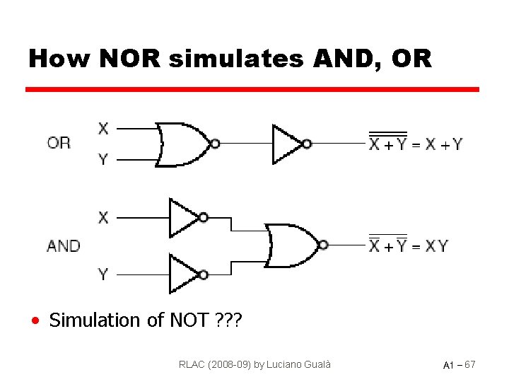 How NOR simulates AND, OR • Simulation of NOT ? ? ? RLAC (2008