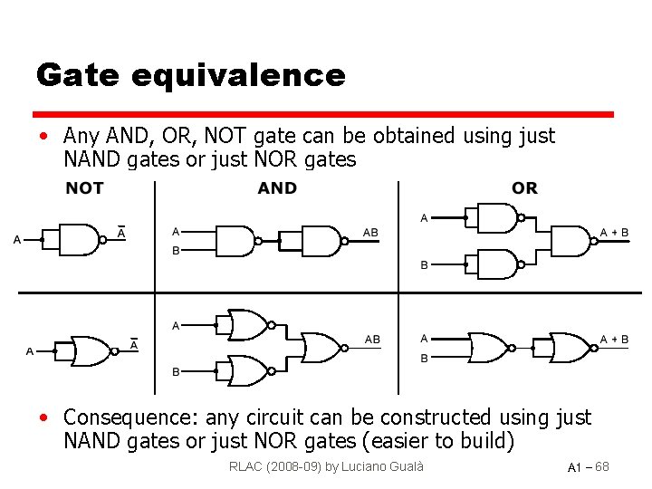 Gate equivalence • Any AND, OR, NOT gate can be obtained using just NAND