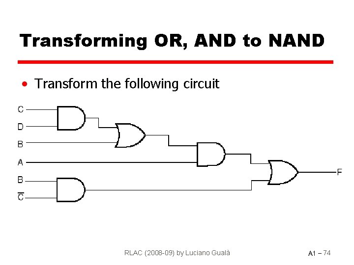 Transforming OR, AND to NAND • Transform the following circuit RLAC (2008 -09) by