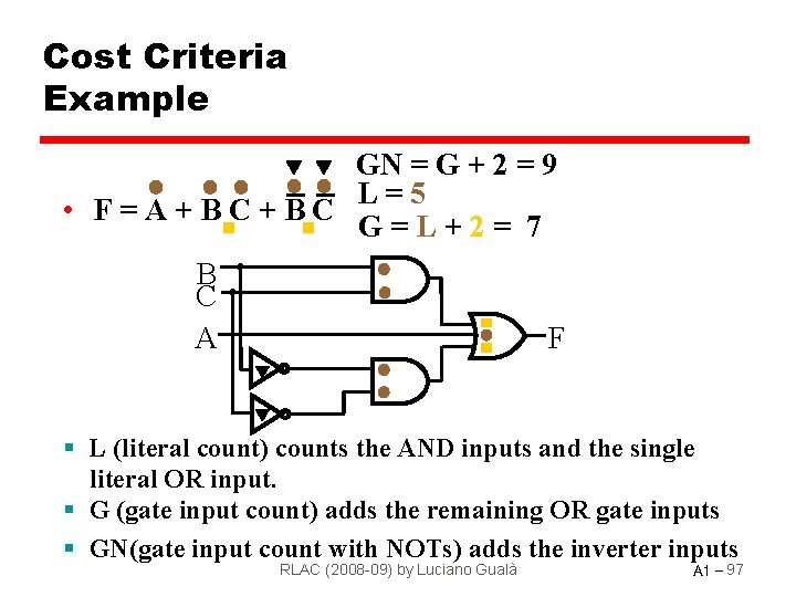 Cost Criteria Example GN = G + 2 = 9 L=5 • F=A+BC+ BC