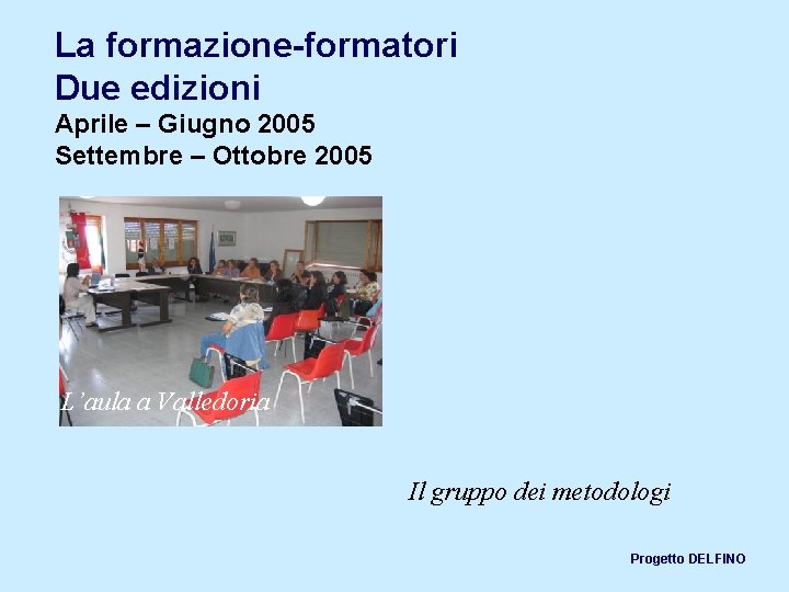 La formazione-formatori Due edizioni Aprile – Giugno 2005 Settembre – Ottobre 2005 L’aula a