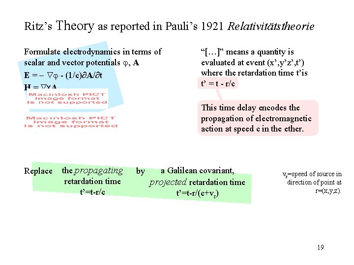Ritz’s Theory as reported in Pauli’s 1921 Relativitätstheorie Formulate electrodynamics in terms of scalar
