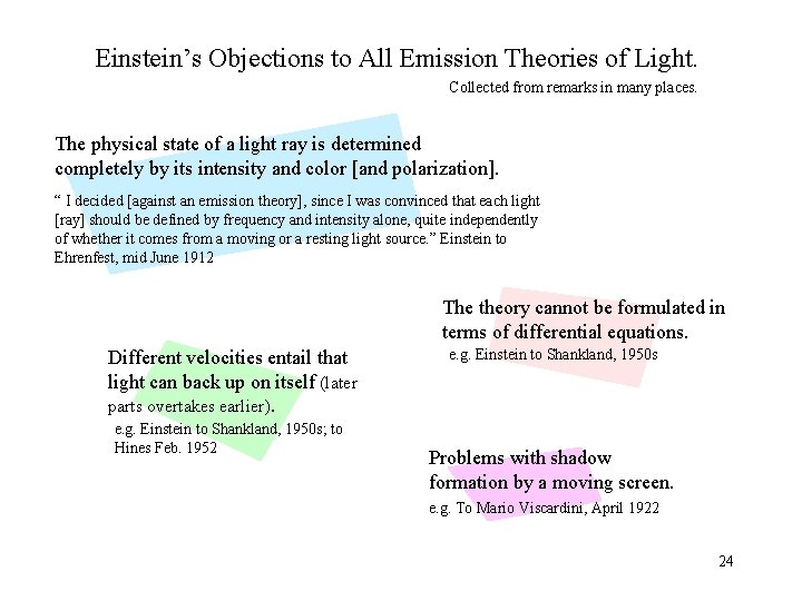 Einstein’s Objections to All Emission Theories of Light. Collected from remarks in many places.