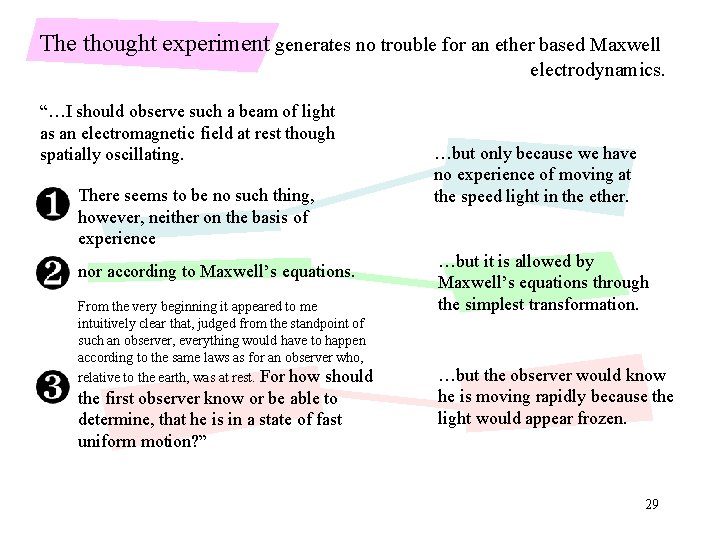 The thought experiment generates no trouble for an ether based Maxwell electrodynamics. “…I should