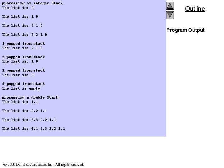 processing an integer Stack The list is: 0 Outline The list is: 1 0