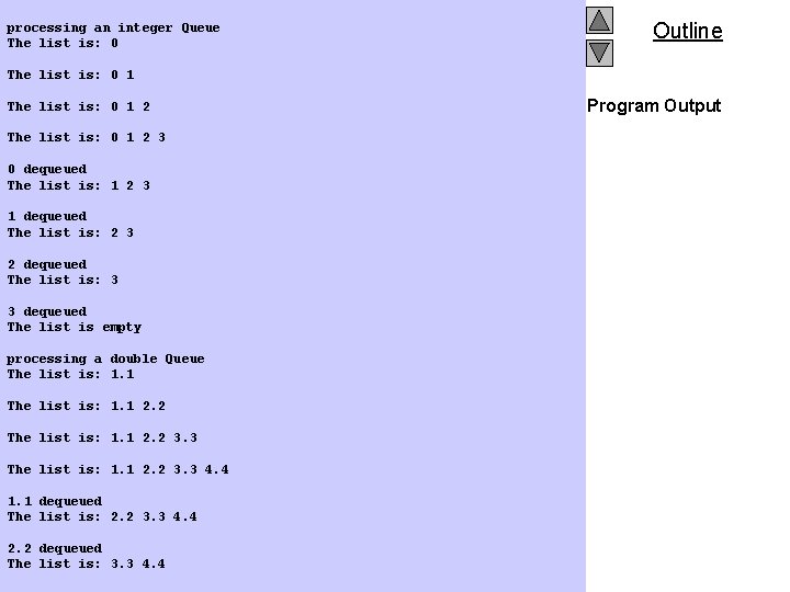 processing an integer Queue The list is: 0 Outline The list is: 0 1