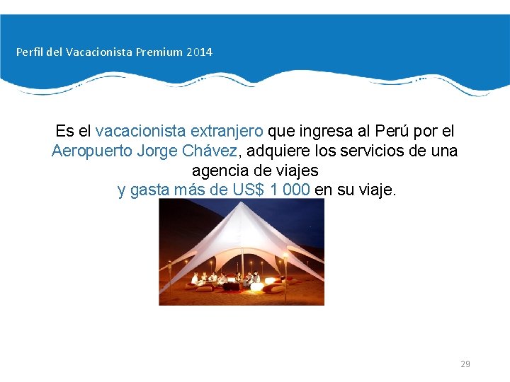 Perfil del Vacacionista Premium 2014 Es el vacacionista extranjero que ingresa al Perú por