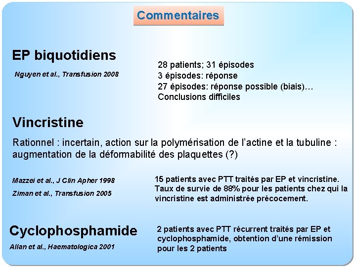 Commentaires EP biquotidiens Nguyen et al. , Transfusion 2008 28 patients; 31 épisodes 3