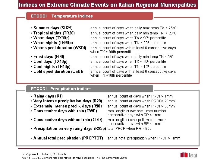 Indices on Extreme Climate Events on Italian Regional Municipalities ETCCDI Temperature indices • •