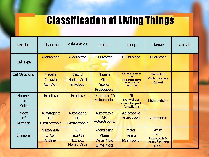 Classification of Living Things Eubacteria Archaebacteria Protista Fungi Plantae Prokaryotic Eukaryotic Cell Structures Flagella